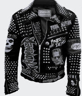 Men's Silver Studded Black Leather Punk Steampunk Hippie Rocket Patch Jacket
